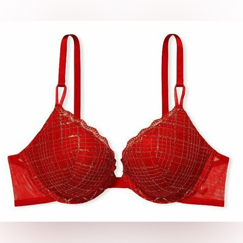 VS Victoria's Secret Lipstick Red Lace Push Up T-Shirt Bra